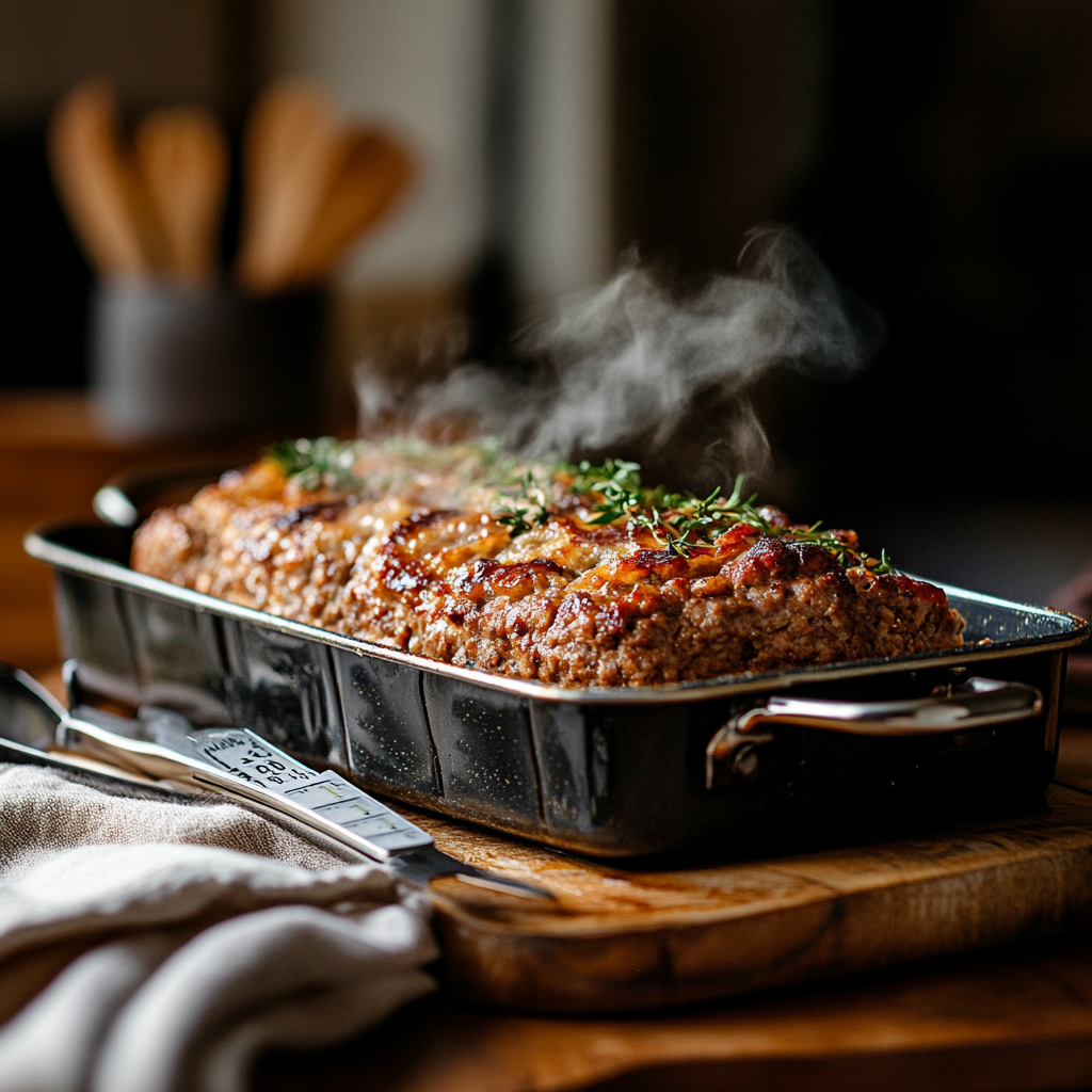 Fully baked meatloaf in loaf pan with thermometer reading 160°F and steam rising