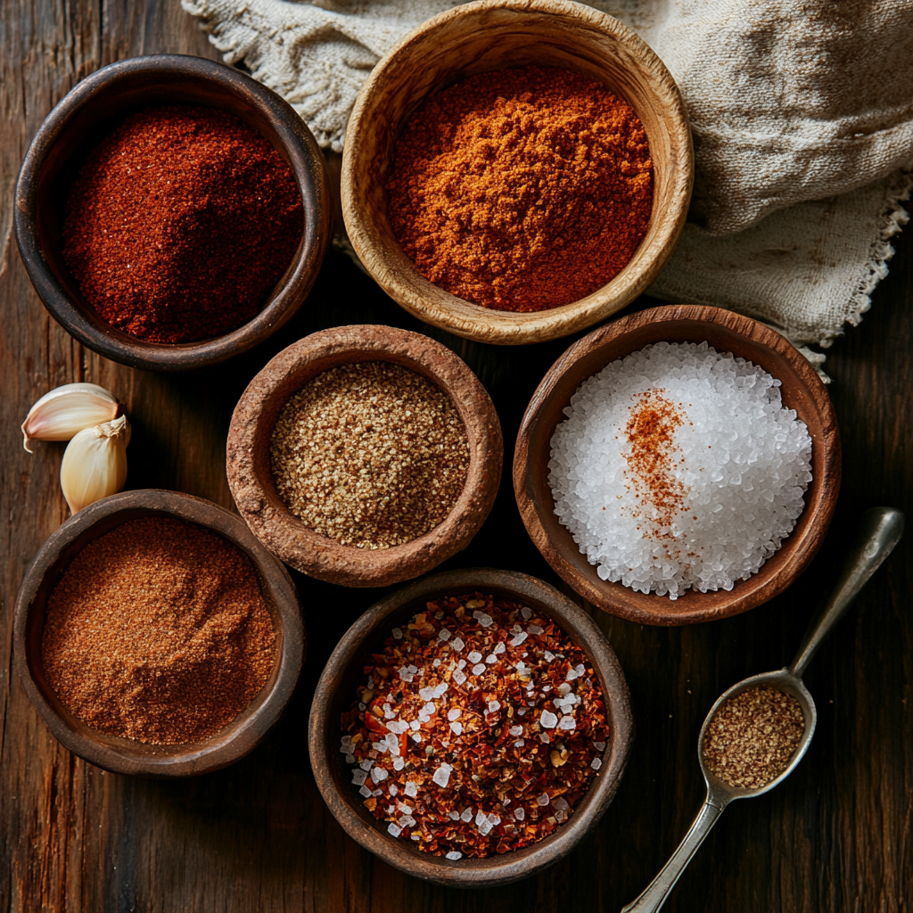 Top-down view of common pantry spices like cayenne, paprika, garlic powder, and brown sugar in small bowls on a rustic wooden table
