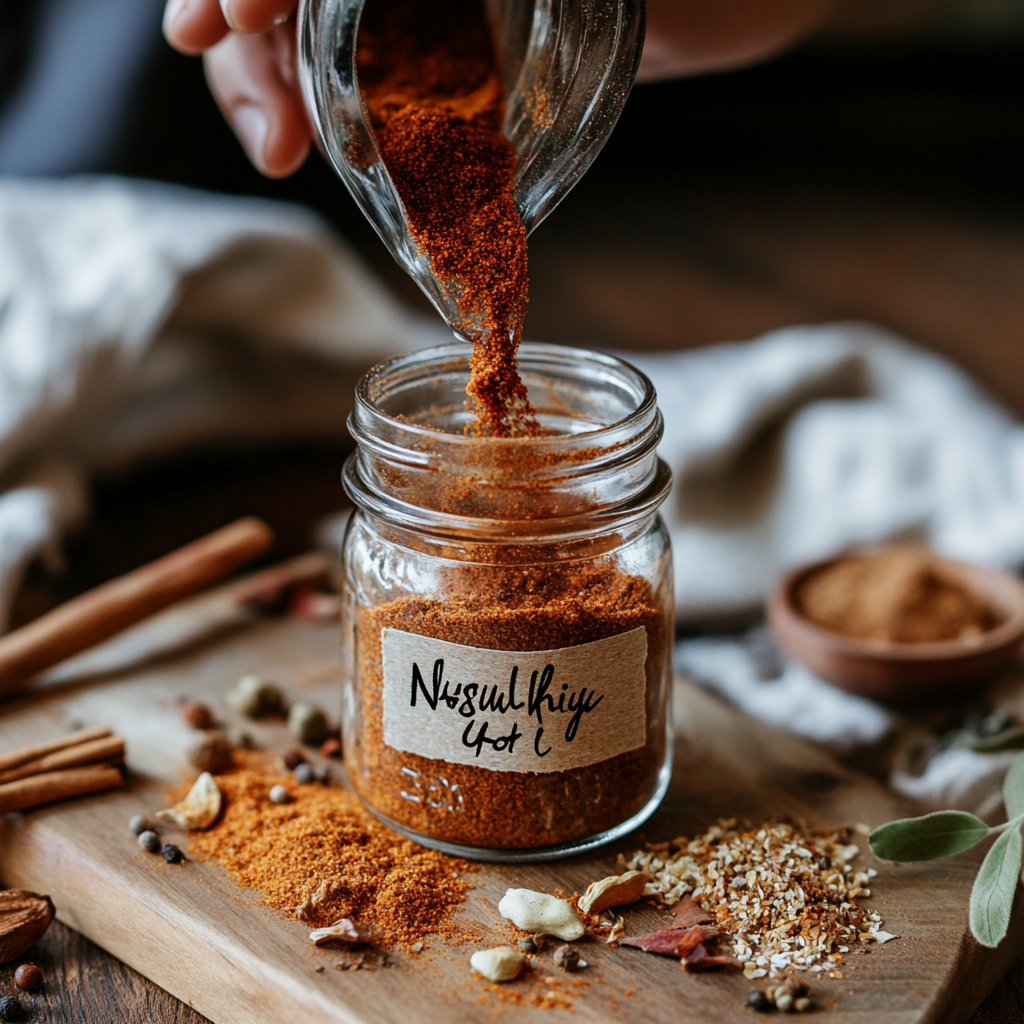 Homemade Nashville Hot Seasoning being stored in a small mason jar labeled with a handwritten tag, with loose spices scattered nearby