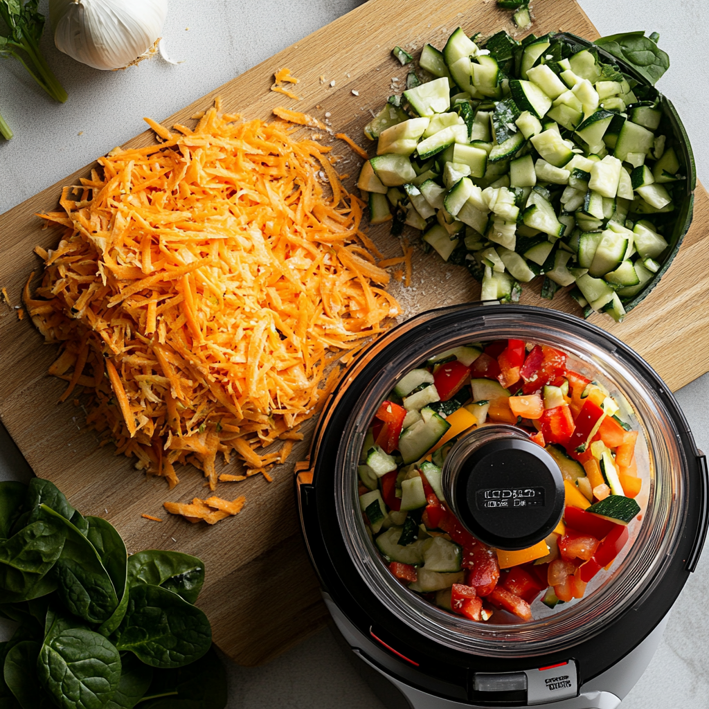 Grated zucchini and carrots with chopped spinach and bell pepper next to a food processor on a kitchen counter