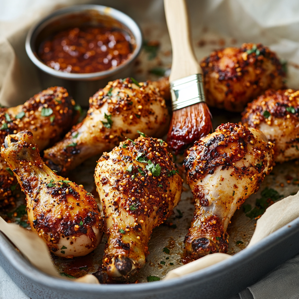 Golden-baked chicken drumsticks coated with Nashville Hot Seasoning in a baking tray, with a brush dipped in spicy oil glaze beside it.